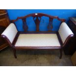 An Edwardian Mahogany Window Seat with lyre back carving and cream upholstery approx 116 x 47 x 85