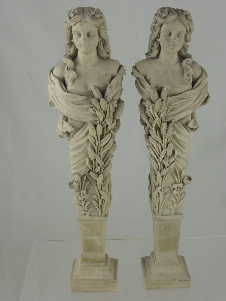 A Pair of Marble Style Classical Columns depicting a Grecian goddess approx 35 cms