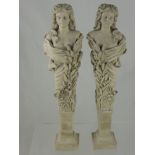 A Pair of Marble Style Classical Columns depicting a Grecian goddess approx 35 cms