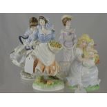 Five Porcelain Coalport Figurines, including Louisa at Ascot, Rosie Picking Apples, The Goose Girl