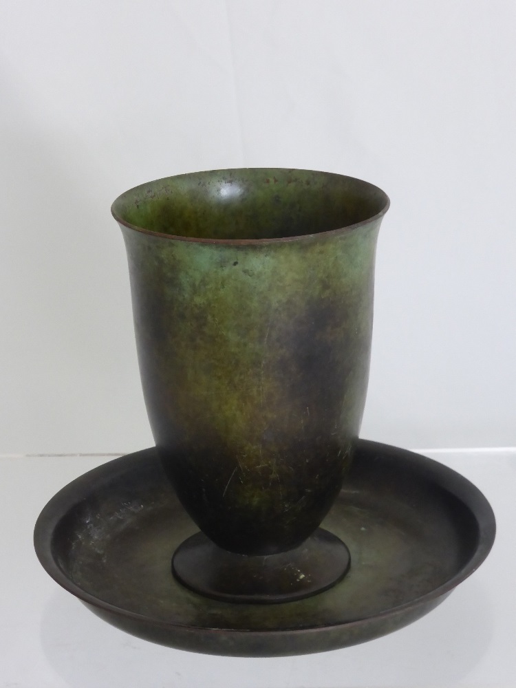 A Just Andersen Denmark, Art Deco Copper Footed Goblet and Tray of bronzed patina, with stamped mark