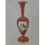 A 19th Century Cranberry Glass Vase, the vase gilded with fine hand painted cartouche of a lady,