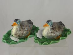 A Pair of Majolica Sauce Boats Figural Duck Sauce Boats, with marks to base together with a large