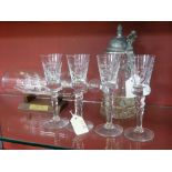 A Collection of Glass, including four sherry glasses, the bowl etched with George III together