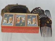 A Lady's Vintage Beaded Evening Bag, Tortoiseshell Hair Slides and vintage Canasta cards.