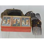 A Lady's Vintage Beaded Evening Bag, Tortoiseshell Hair Slides and vintage Canasta cards.