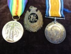 Two WWI Medals, 94379 Pte H. Robinson, NOTTS and Derby Reg., together with Royal Engineers cap