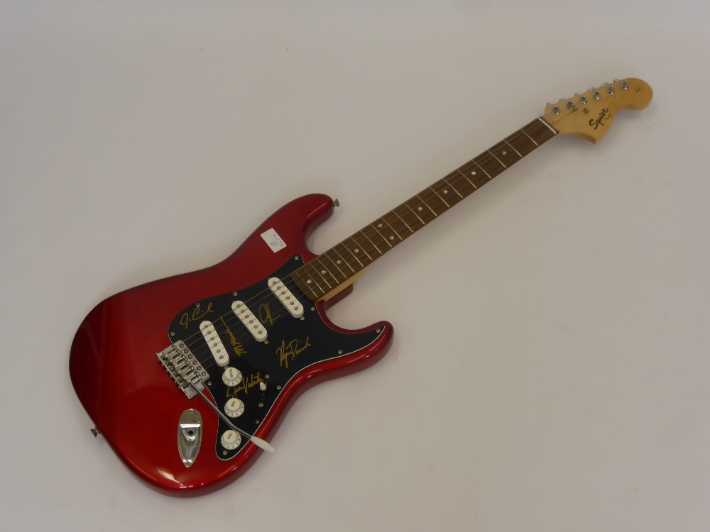 A Red Squier Fender Guitar signed by Maroon 5 Band Members, including Adam Levine, Jesse Carmichael, - Image 2 of 2