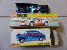 Three Vintage Dye Cast Toy Cars, including A Corgie Porsche Carrera 6, a Dinky Toys Austen 1800 Taxi