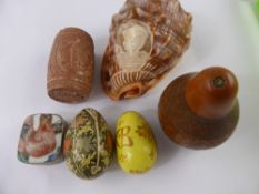 A Collection of Miscellaneous Items, including two hand painted Russian eggs, carved cameo shell,