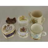 A Collection of Miscellaneous Commemorative Porcelain, including mugs, 2 Royal Crown Derby lidded