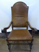 A Generous 18th Century Master's Chair, leather seat and chair back, with swept scroll-end arms,