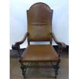 A Generous 18th Century Master's Chair, leather seat and chair back, with swept scroll-end arms,