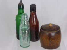 Miscellaneous Breweriana, including three vintage coloured soda bottles, Whitbread & Co ashtray