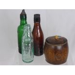 Miscellaneous Breweriana, including three vintage coloured soda bottles, Whitbread & Co ashtray