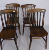 Eight Dining Chairs, the chairs having slat backs, turned legs and stretchers.