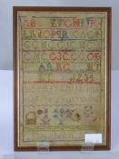 An Antique Sampler on Hessian, approx 19 x 29 cms, framed and glazed.