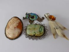 A Miscellaneous Collection of Brooches, including silver metal scarab, marcasite shell cameo,