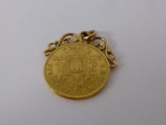 A Solid Gold Napoleon III 20 Franc Coin on pendant mount dd 1852, approx wt 7.5 gms.