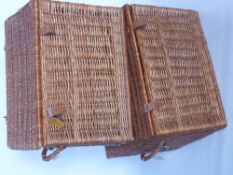 Two Wicker Hampers, approx 58 x 40 x 37 cms, with Harrods leather tag.