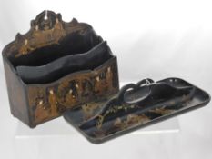 Two Antique Chinese Lacquer Pieces, including pen tray and letter rack together with two oriental