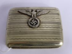 A WWII Silver Metal German Cigarette Case, engine turned with inscription which reads 'Eitel Shultze