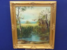 An Oil on Canvas depicting a woodland pond life scene, signed bottom right Isvan Reinhardt (