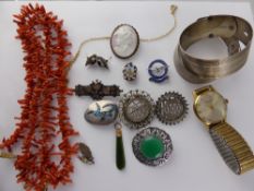 Miscellaneous Silver and 9K Jewellery, including brooches, bracelets, earrings, enamel Egyptian