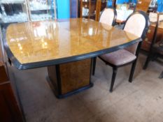 A Contemporary Art Deco Walnut Style Draw Leaf Table, together with six dining chairs, approx
