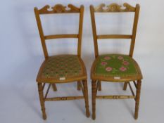 Two Oak Edwardian Bedroom Chairs, decorated chair backs, turned legs and stretchers. Tapestry