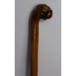 A Walking Cane, the knop carved as a pug's head having glass eyes, approx 90 cms long.