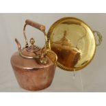 A Copper Fireside Kettle together with a brass tray and two fireside brass keys.