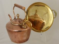 A Copper Fireside Kettle together with a brass tray and two fireside brass keys.