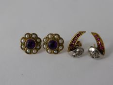 A Pair of Antique Yellow Gold Amethyst and Seed Pearl Ear Studs, together with a pair of yellow