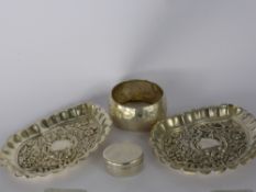 Collection of Miscellaneous Silver, including two pin dishes, pill box and napkin ring approx 65