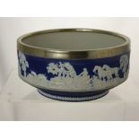 Adam Tunstall Jasperware Bowl, the bowl depicting rural hunting scenes with a silver plated rim,