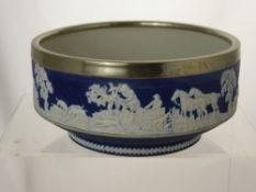 Adam Tunstall Jasperware Bowl, the bowl depicting rural hunting scenes with a silver plated rim,