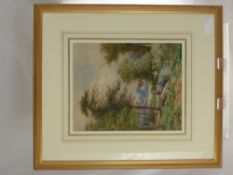A 19th Century Water Colour, depicting a tranquil fishing scene with village in the background,