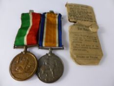 Two WWI Medals awarded to Tom C.S. Meadus including the 1914 - 1918 medal and a War Service