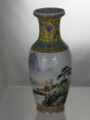 A Chinese Hand Painted Vase, depicting mountain scenes, character marks to side and base.