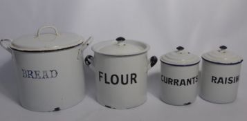 A Set of Four Vintage Enamel Kitchen Containers, including bread, flour, currants and raisins. (4)