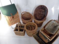 A Collection of Miscellaneous Wicker Work Items, including canvas lidded trolley, wine carrier,