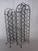 Two Wrought Iron Wine Racks, one for 32 bottles, 31 cms w x 112 cms h, the other for 16 bottles