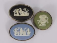 Three Silver Metal Wedgwood Jasper Ware Brooches, the brooches having impressed stamp to back.