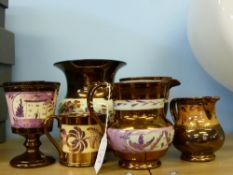 A Miscellaneous Collection of Victorian Lustre Ware, including vase, two goblets, coffee can and two