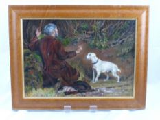 Simon Mousey, 20th Century Oil on Board, depicting a rabbit poacher and his dog, titled verso "Quiet