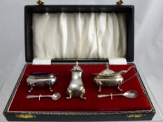 A Solid Silver Cruet Set, comprising pepper, salt and mustard in original presentation box, mm JR.