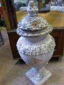 A Grecian Style Aged Terracotta Garden Urn and Lid, approx 85 cms.