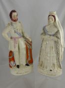 Two Antique Flat Back Staffordshire Figures, one depicting Queen Victoria, the other Prince