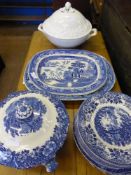 A Quantity of Blue and White 'Willow Pattern' Porcelain, including a lidded tureen, meat plates,